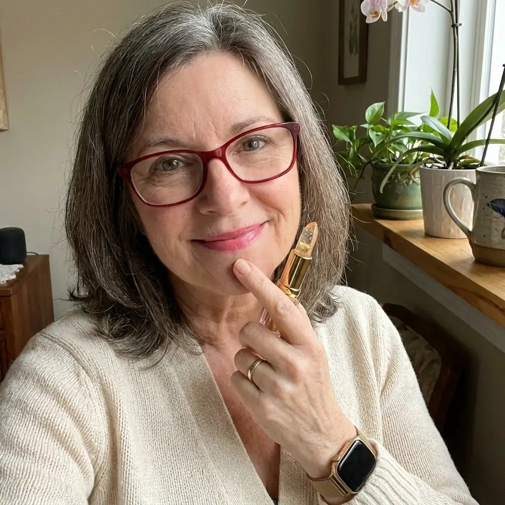Woman with gray hair and glasses applying Kivora lipstick