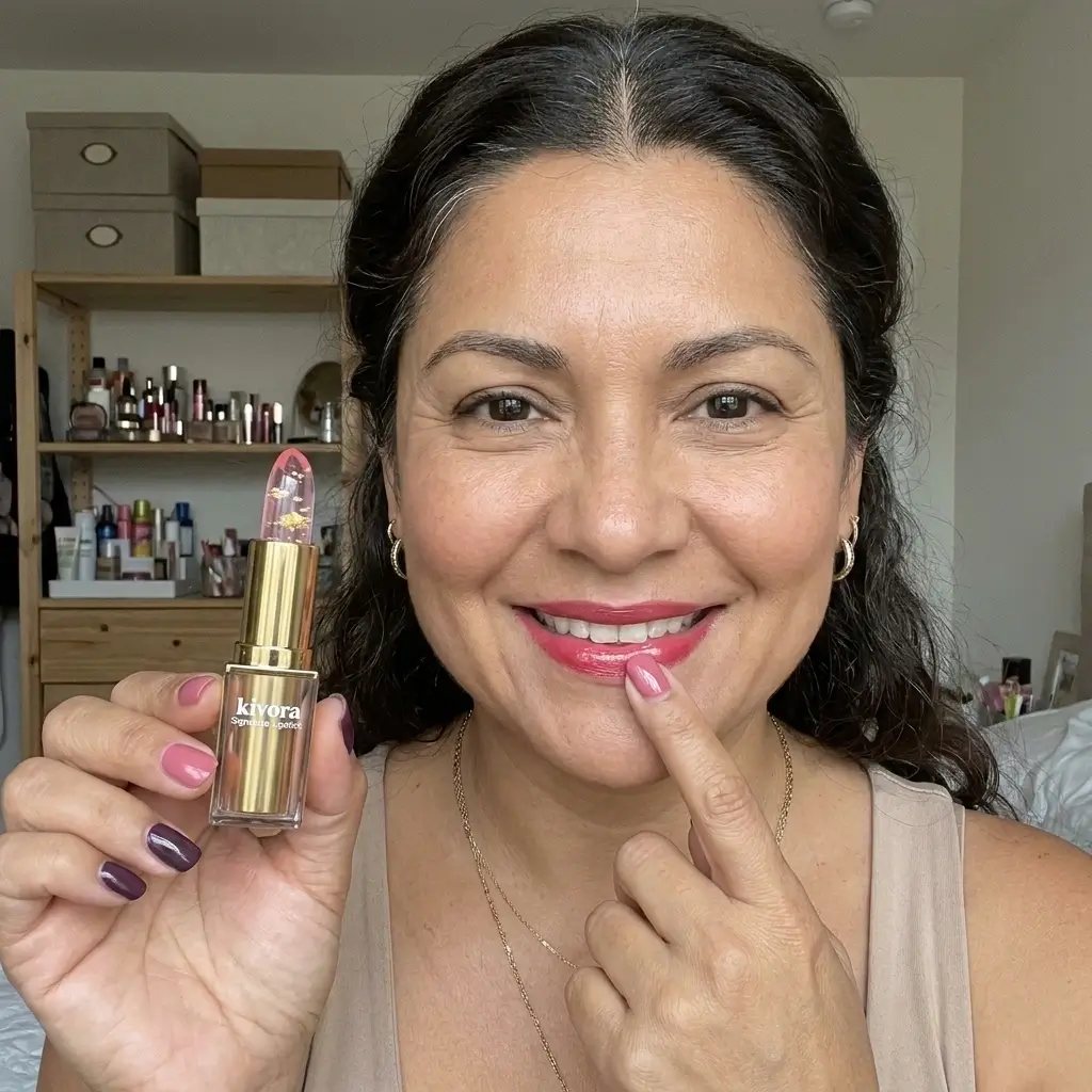 Woman smiling and holding a Kivora lipstick near her lips