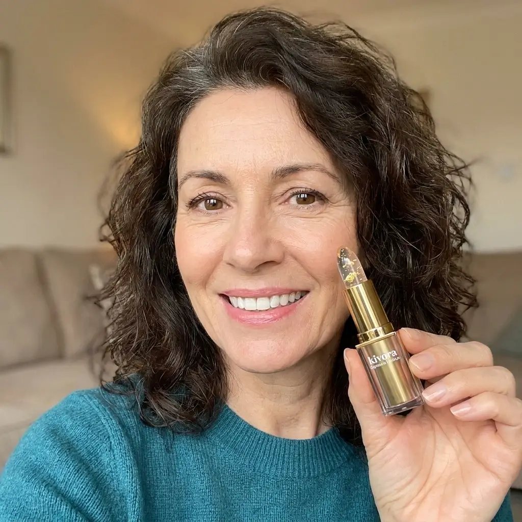 Woman with curly hair holding a Kivora lipstick